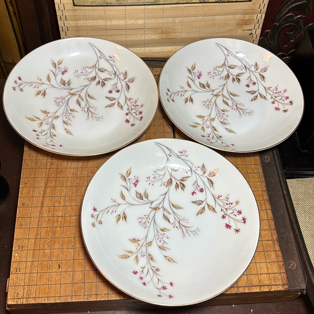 Meito Japan Porcelain Set 3 Plates Shallow Bowls 7 11/16”D Floral Gold Trim EVUC